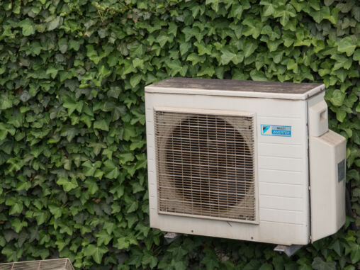 Air conditioner compressor on the ivy wall