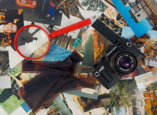 Photos, Camera, Film And Magnifier