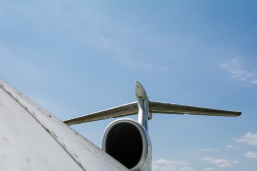 The engine on the vertical stabilizer of the aircraft